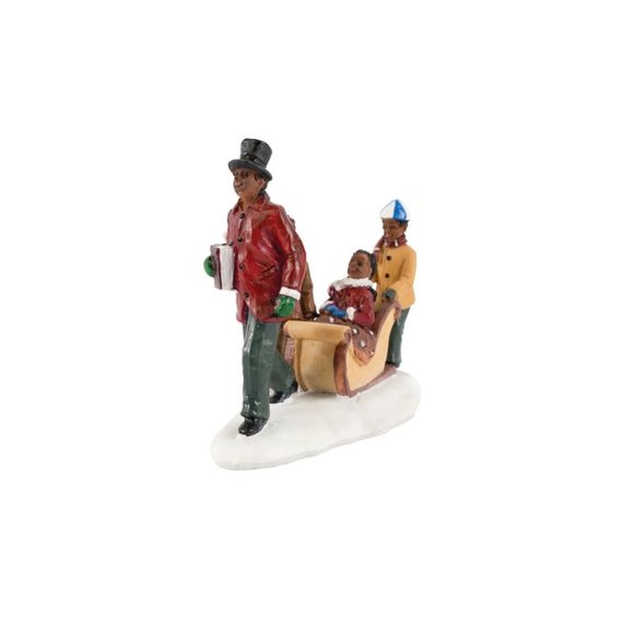 Menards Christmas Village African American Man Pulling Kids On Sled Crosslight - Picture 1 of 11